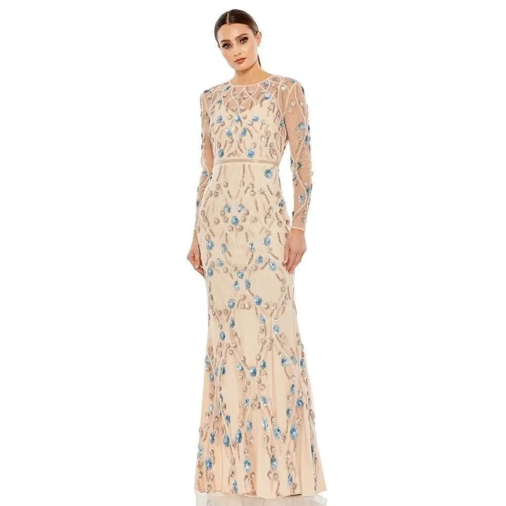 MAC DUGGAL 93772 Cream Floral Embellished Long Sleeve Gown Dress Size 4